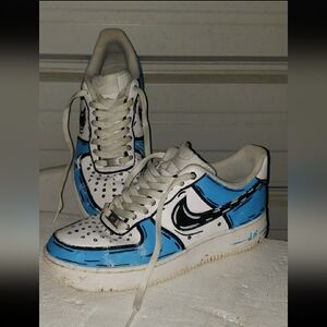 Size 9.5 Nike Air Force 1's Ones Custom Cartoon Blue White Men's Tenner shoes